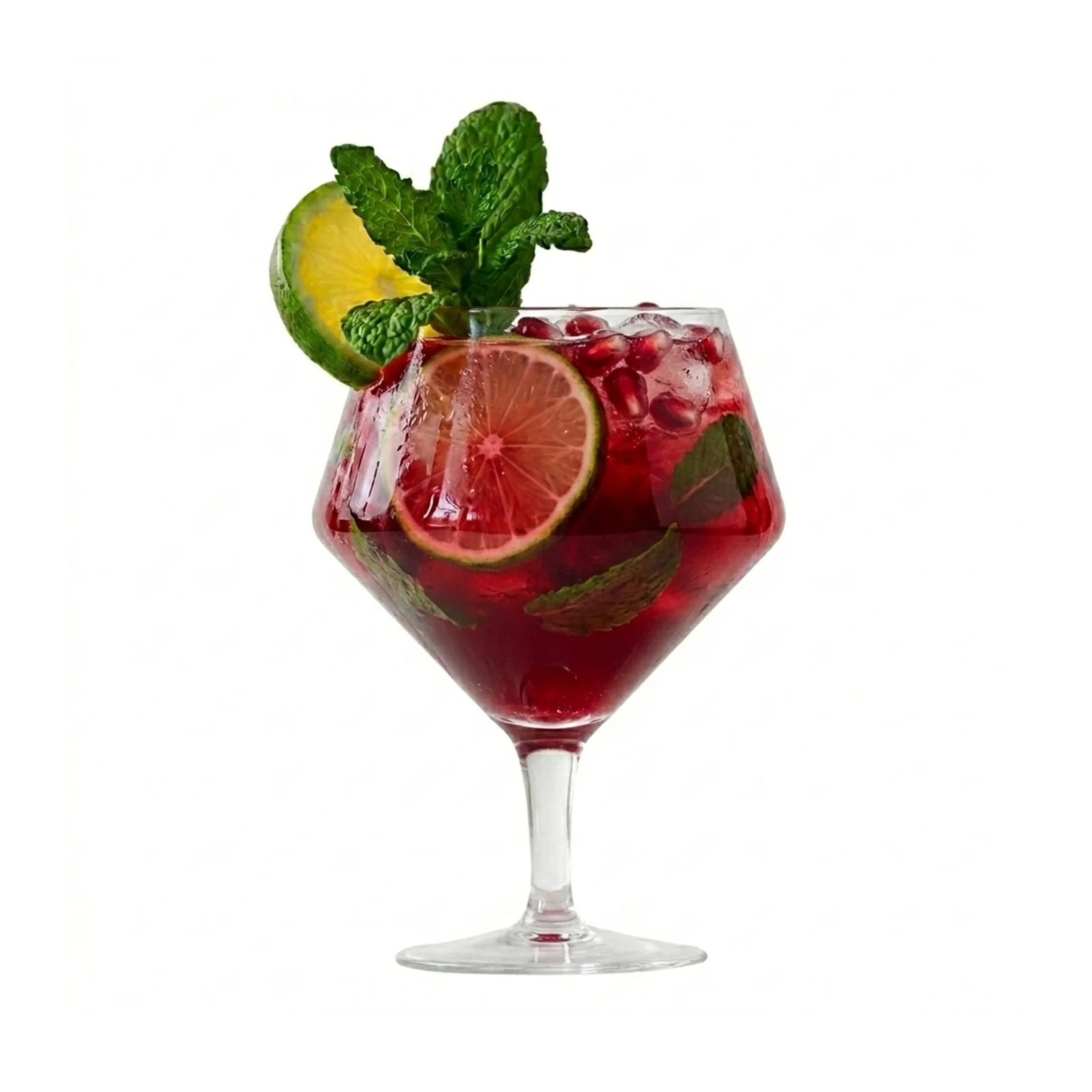 Refreshing red mocktail served with crushed ice, fresh mint, citrus slices, and pomegranate garnish in a stemmed glass.