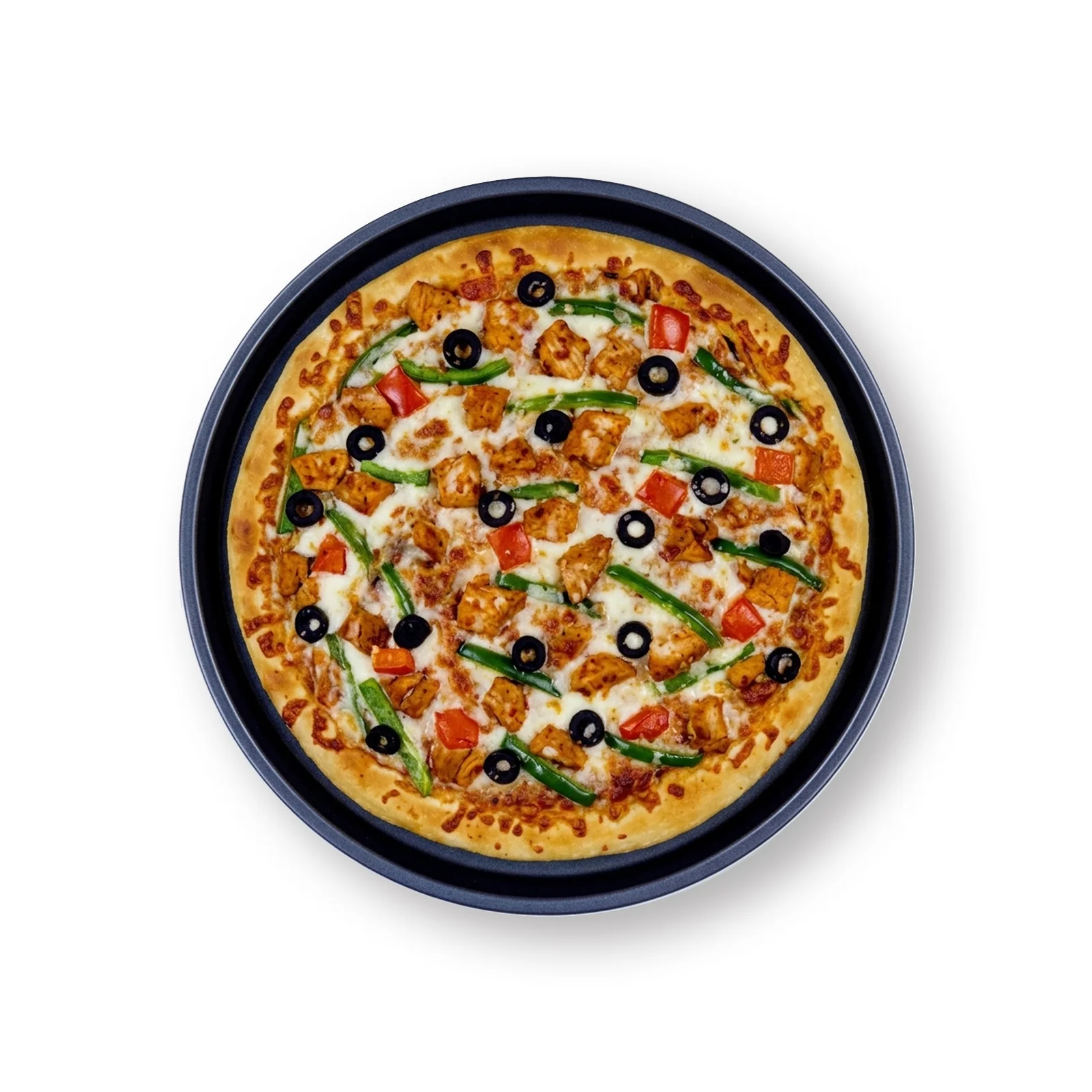 Freshly baked pizza topped with melted cheese, olives, and vegetables served in a cozy restaurant in Islamabad.