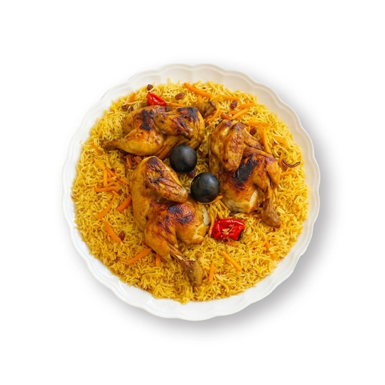 Chicken mandi served with spiced rice, roasted chicken, dried lime, and red chilies in a traditional Middle Eastern style.