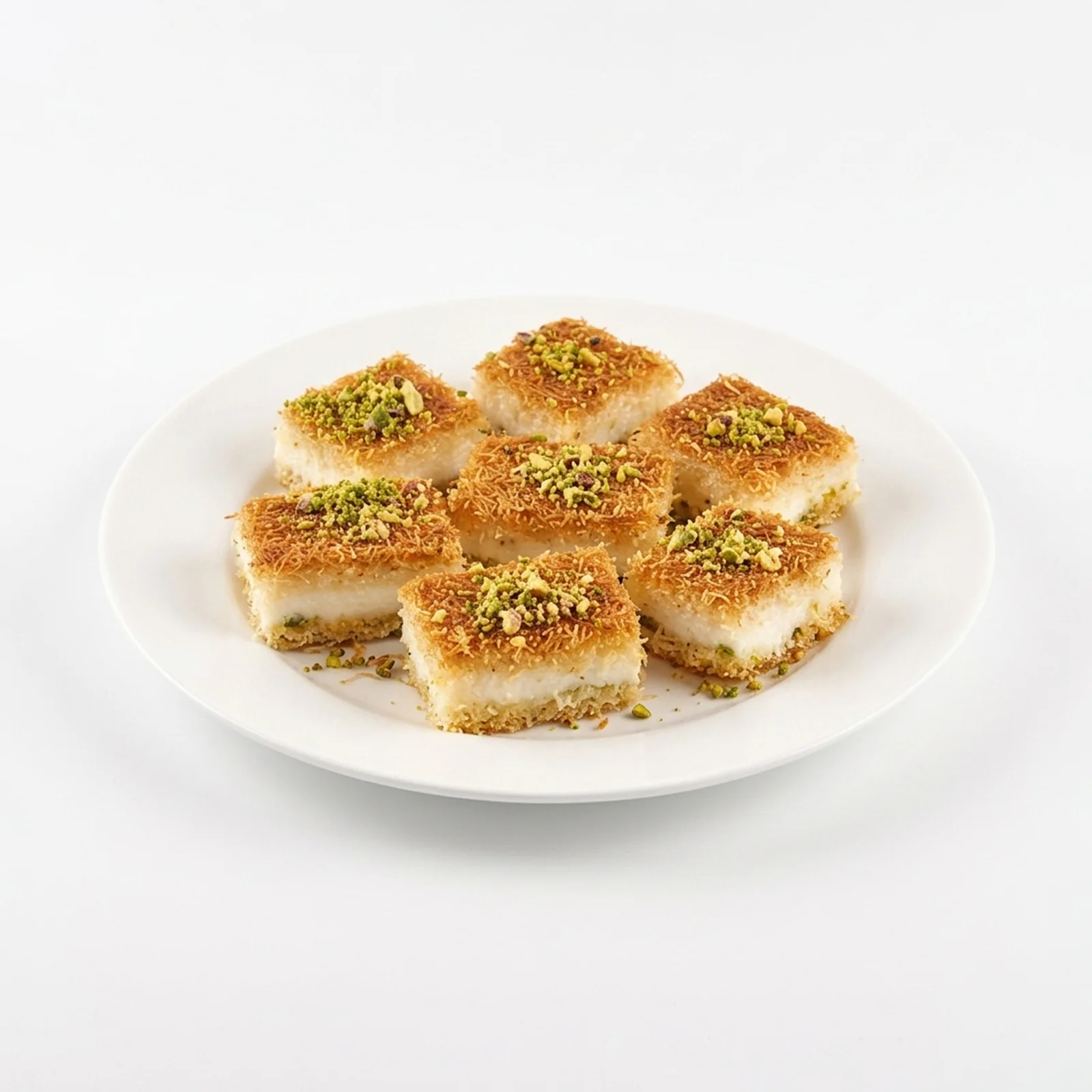 Fresh kunafa squares topped with crushed pistachios and filled with creamy cheese served on a white plate.